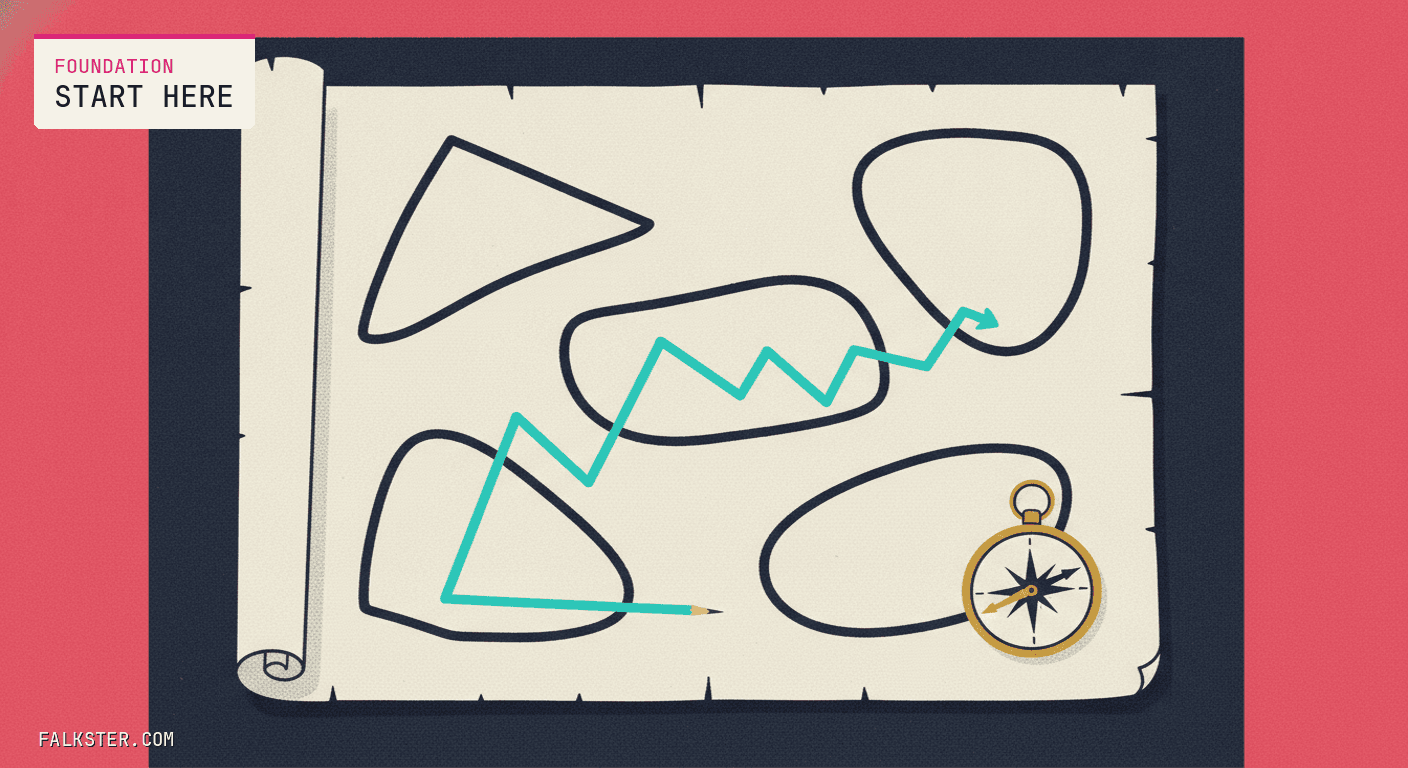 Foundation-pink Falkster cover: a large hand-drawn map unrolled on a workbench, with a handful of distinct regions marked out in bold outlines, one small compass resting on the corner, and a single pencil line tracing a route through several regions.