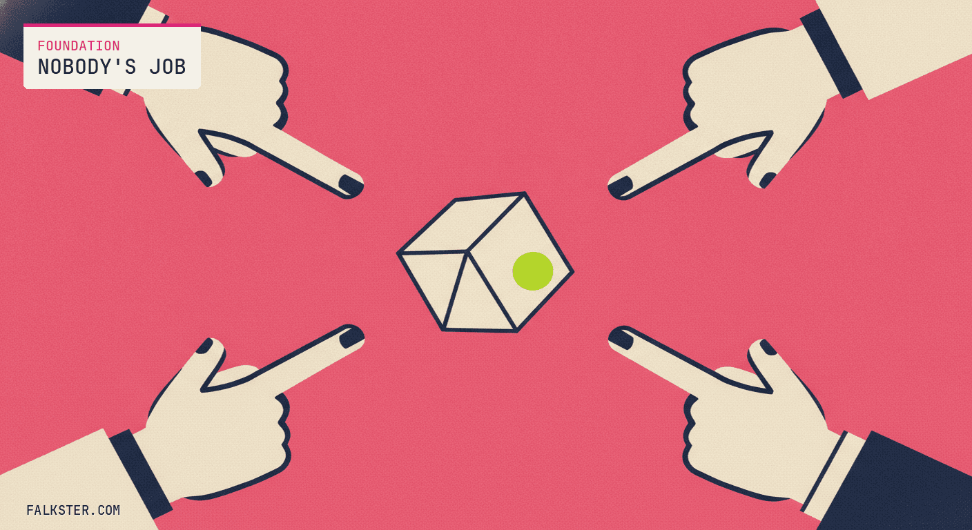 Foundation-pink editorial cover: four hands from four directions all pointing at a single fallen package on the floor between them, no hand actually holding it, the gap between departments drawn literally.
