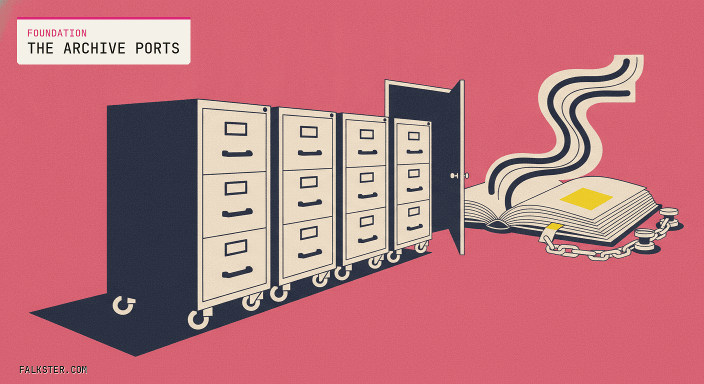 Foundation-pink Falkster cover: a row of filing cabinets rolling out the door on casters while one ledger stays bolted to the floor, its open pages still filling with fresh ink.