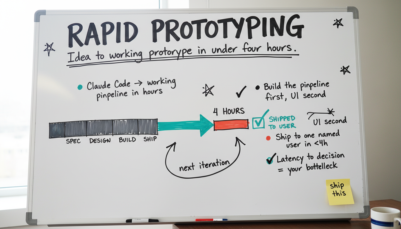 Whiteboard sketchnote diagram for Rapid Prototyping: hand-drawn marker visualization of if you can't build it in hours, you're a pm. if you can, you're a product builder.