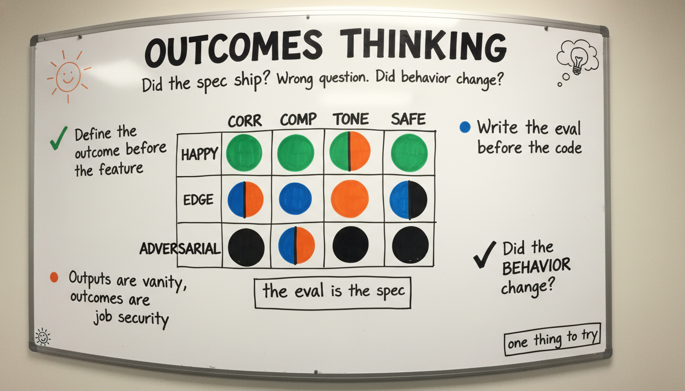 Whiteboard sketchnote diagram for Outcomes Thinking: hand-drawn marker visualization of did the spec get built? wrong question. did the customer's problem get solved? right question.