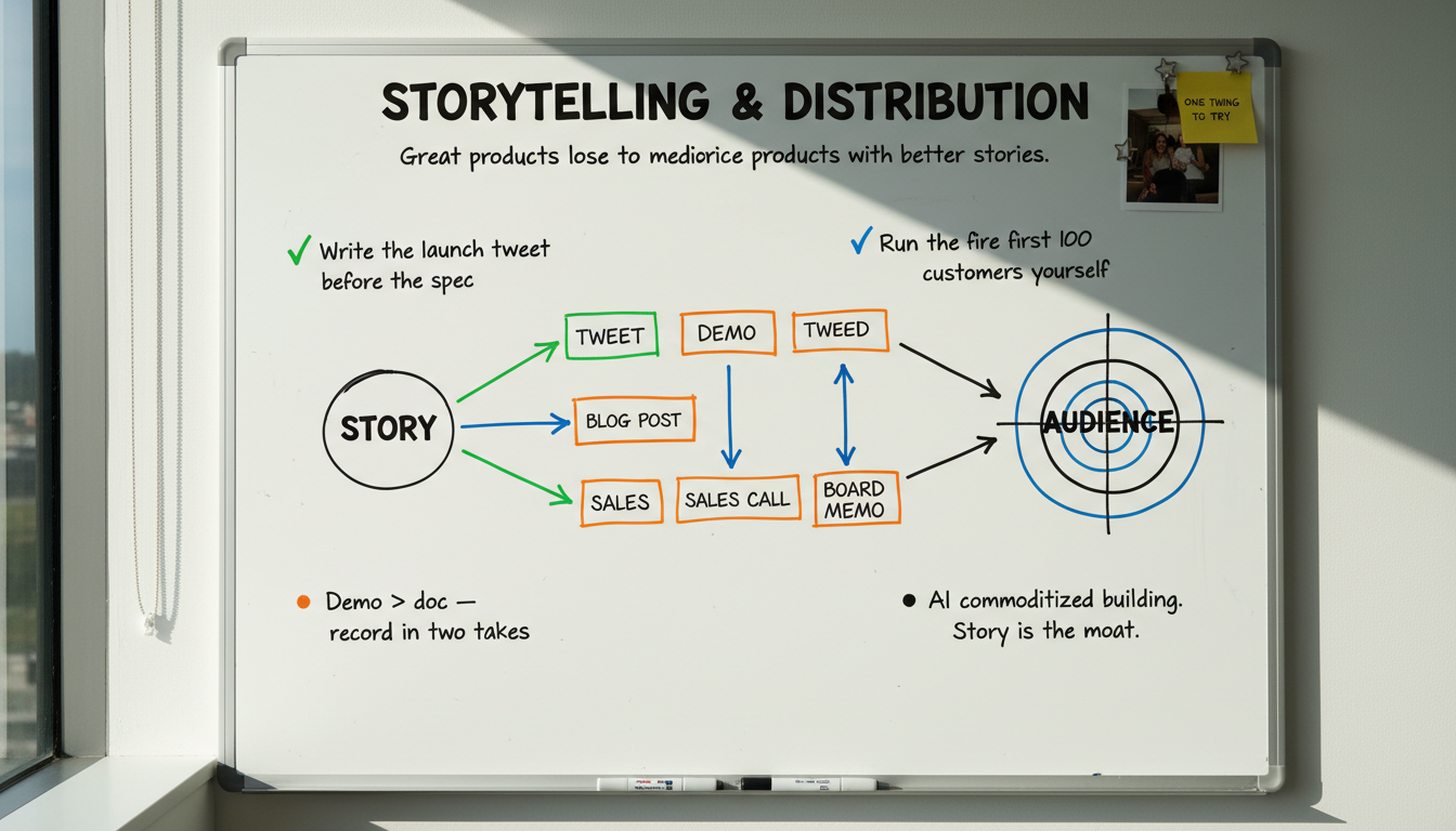 Whiteboard sketchnote diagram for Storytelling & Distribution: hand-drawn marker visualization of great products lose to mediocre products with better stories.
