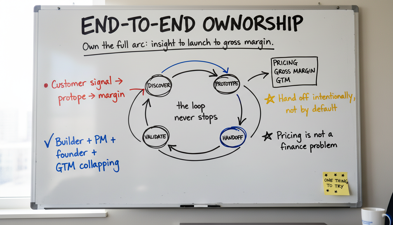 Whiteboard sketchnote diagram for End-to-End Ownership: hand-drawn marker visualization of own the full arc. insight to prototype to launch to gross margin to second iteration.